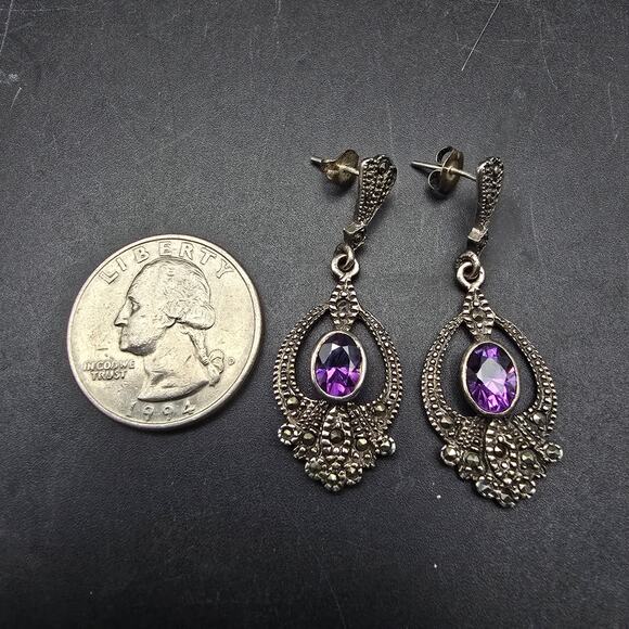 Sterling Silver Amethyst Macasite Earrings Dangle Drop Vintage - Picture 2 of 8